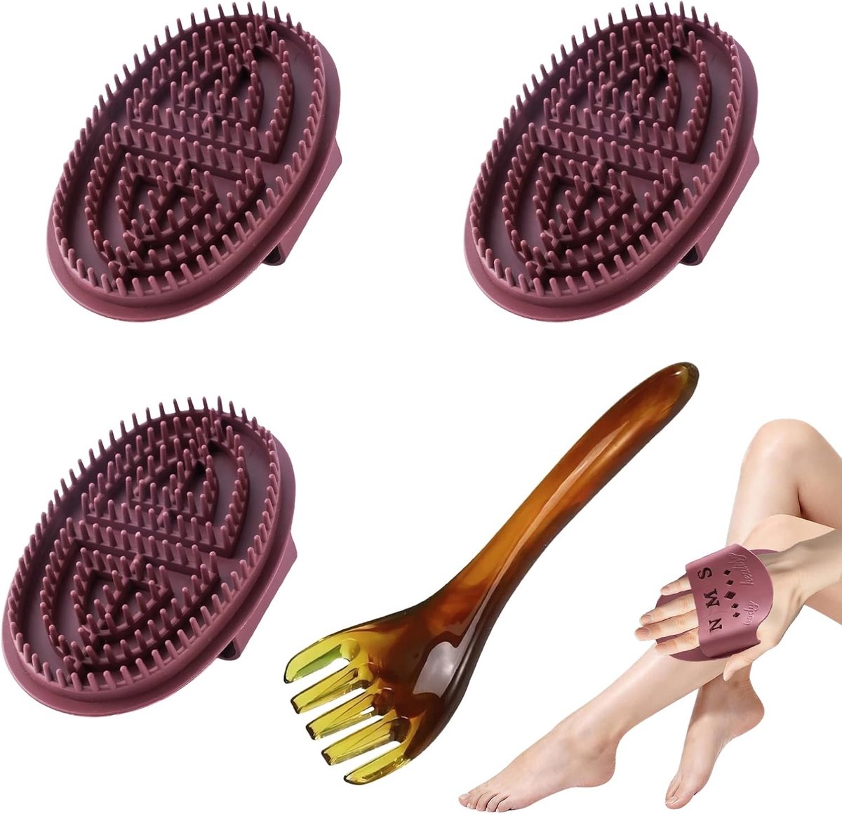 Massage set 4-delig - 3 borstels en 1 vijfklauw kam - gua sha voor lymfedrainage - volledige ontspanning - SnelShoppen