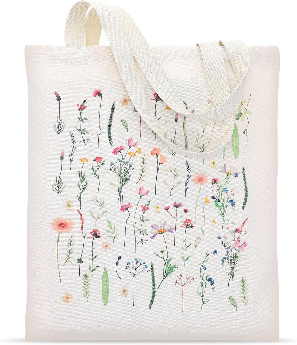 Canvas tote bag - beige - herbruikbaar katoen - stijlvolle bloemenprint voor school en winkelen - SnelShoppen