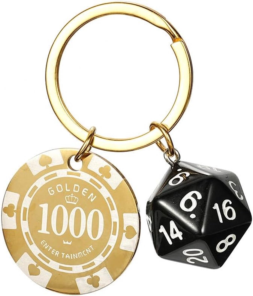 Pokerchip sleutelhanger - roestvrij staal - D20 dobbelsteen - leuk voor gamers - SnelShoppen