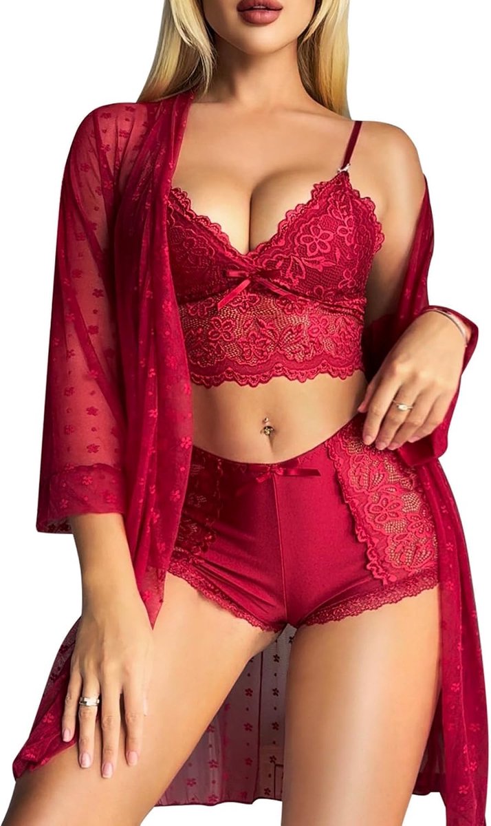 Lingerieset voor dames - kantondergoed - 3-delig met nachtjurk - sexy uitstraling - SnelShoppen