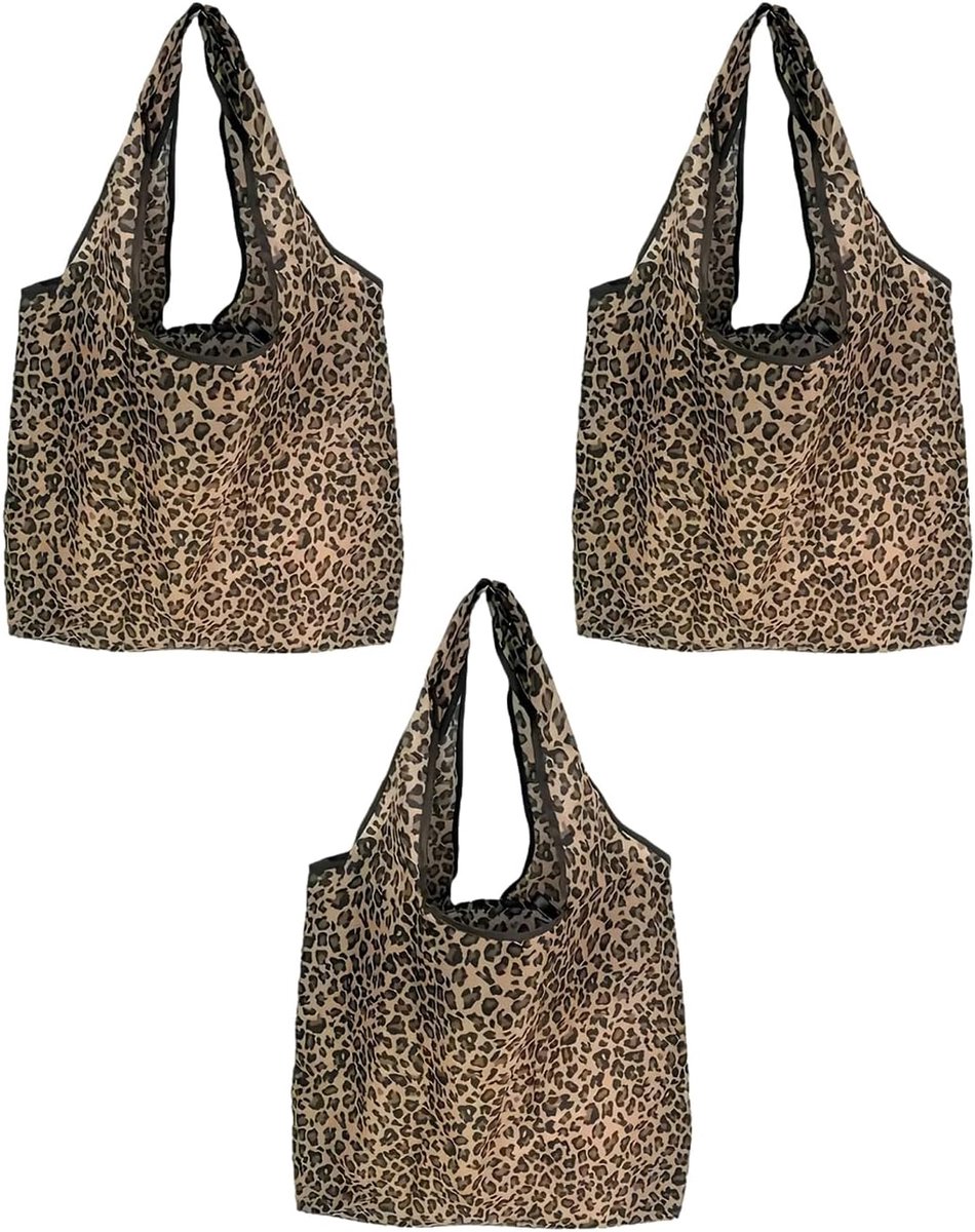Set van 3 boodschappentassen groot - stabiele herbruikbare tas - wasbare luipaardprint - ideaal voor boodschappen - SnelShoppen