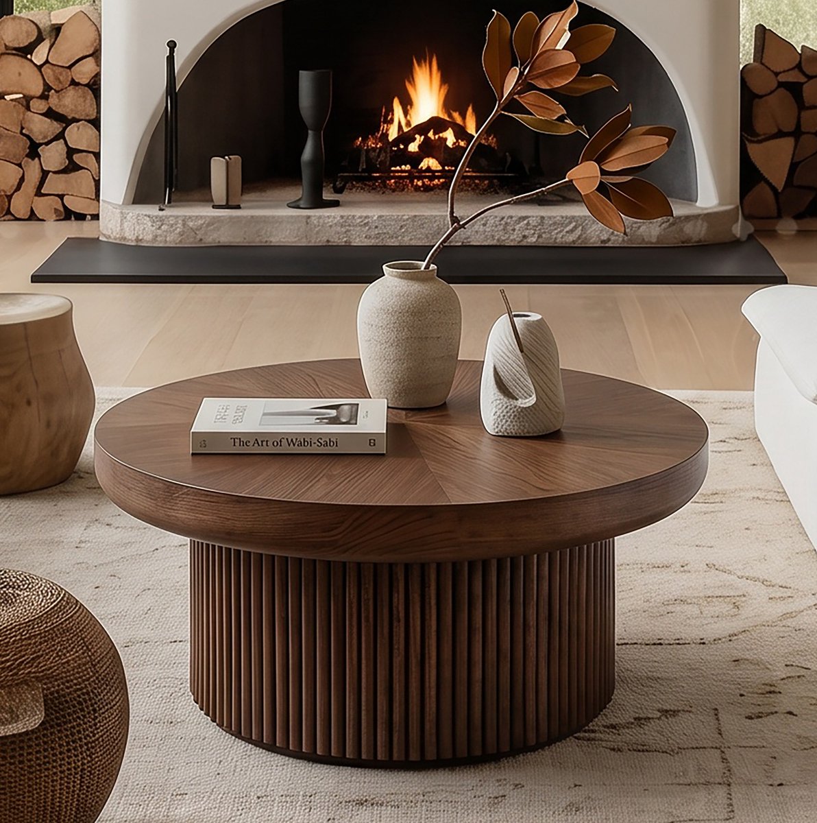 COVREO Salontafel 78x78x38,5 cm walnootkleur, van hout met ronde vorm Walnut