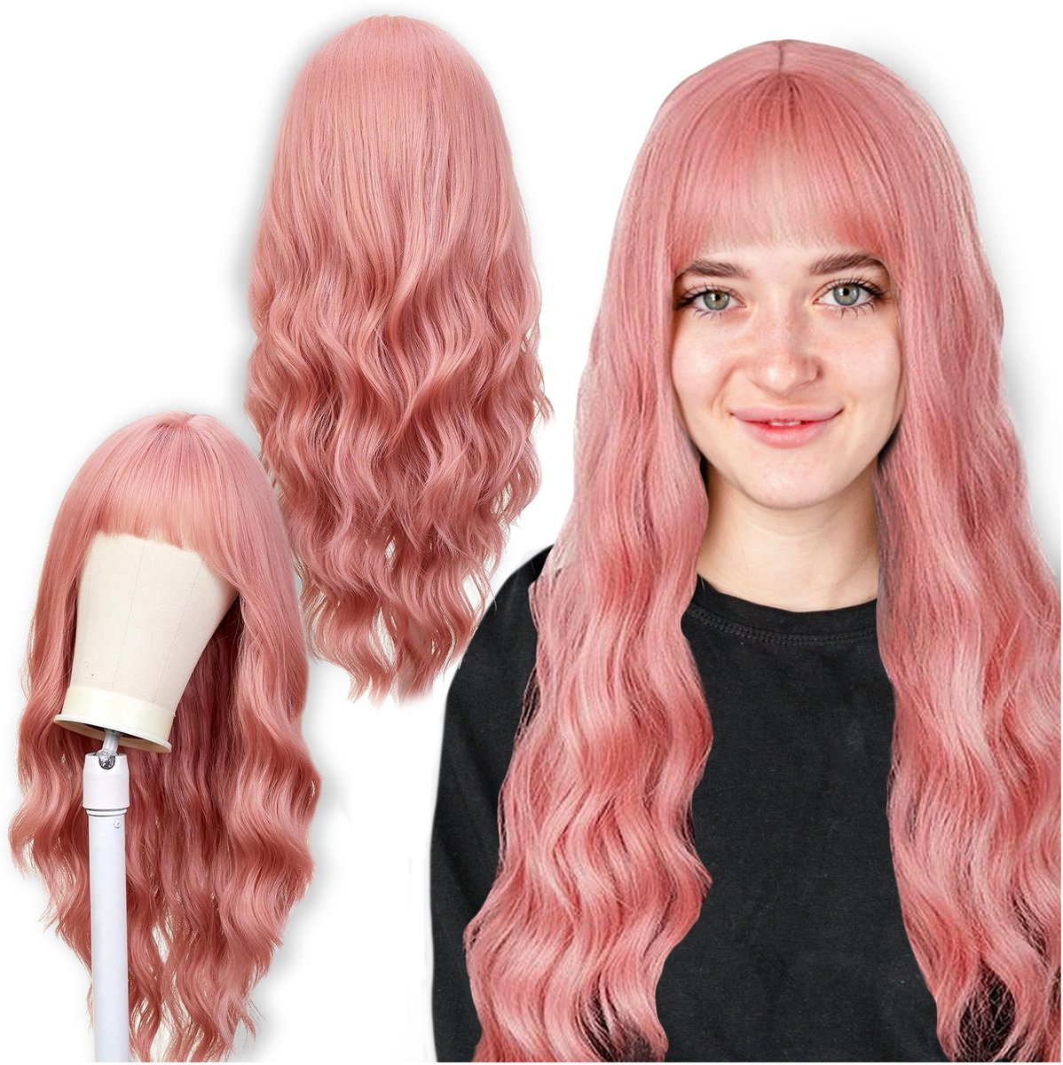 Damespruik Roze Lange Golven met Pony - 70cm Synthetisch