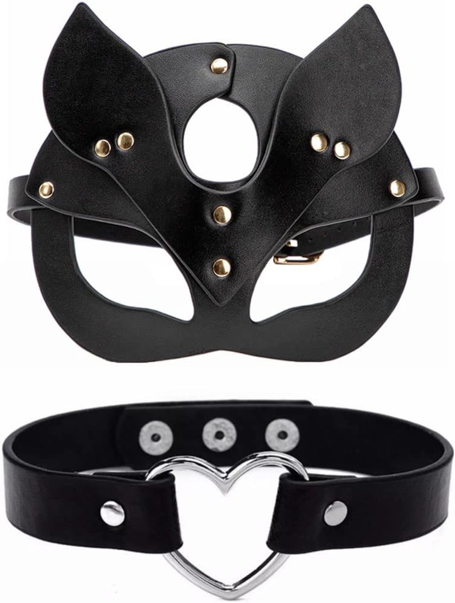 Cat Mask with Heart Necklace Black Masquerade Face Mask Half Face Mask PU Leather for Carnival Theme Party Costume - ShopVlot