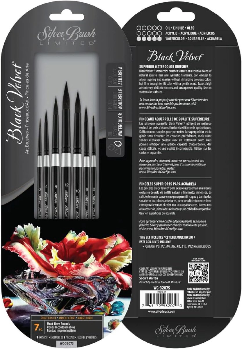 Silver Brush Limited WC-3207S Black Velvet - 7-Piece Essential Set Round Brushes - Sizes 0, 2, 4, 6, 8, 10 and 12 - ShopVlot