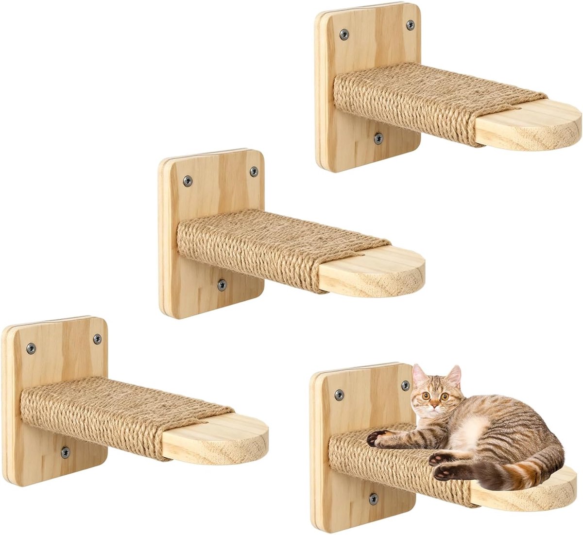 4 stuks kattentrap muur, wandligstoel, klimwand katten, massief houten kattenladder, jute touw, katten wandelementen, stabiele kattenwand 20 × 10 × 10 cm, draagvermogen tot 35 kg