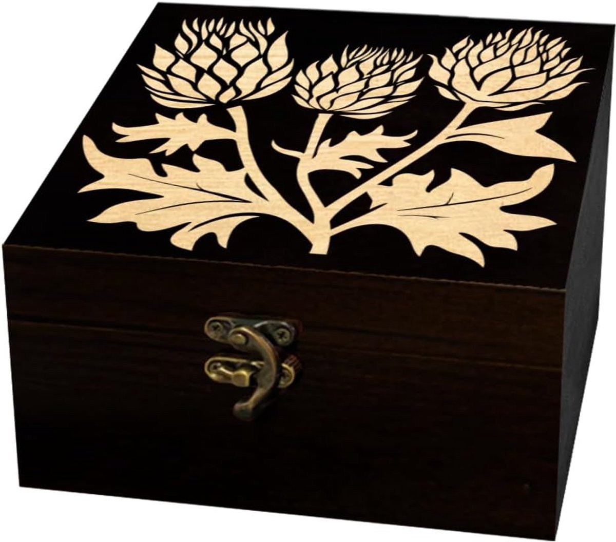 Arricraft 1 stuk houten aandenken opbergdoos, drie vierkante grenen geheugendoos met Schotse bloemmotief voor jubileum sieradenbord opslag, 12 x 12 x 6 cm (4,72 x 4,72 x 2,36 inch)