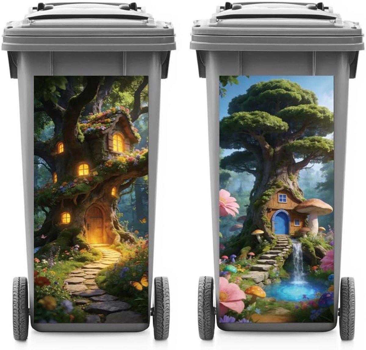2 vellen Wheelie Bin Stickers Boomhut en Bloemen Waterdichte Vuilnisbak Covers Decor, 14,9 "x 32" Zelfklevende Grote Sticker voor Bakken, Koelkast, Muur Outdoor Indoor Decoratie