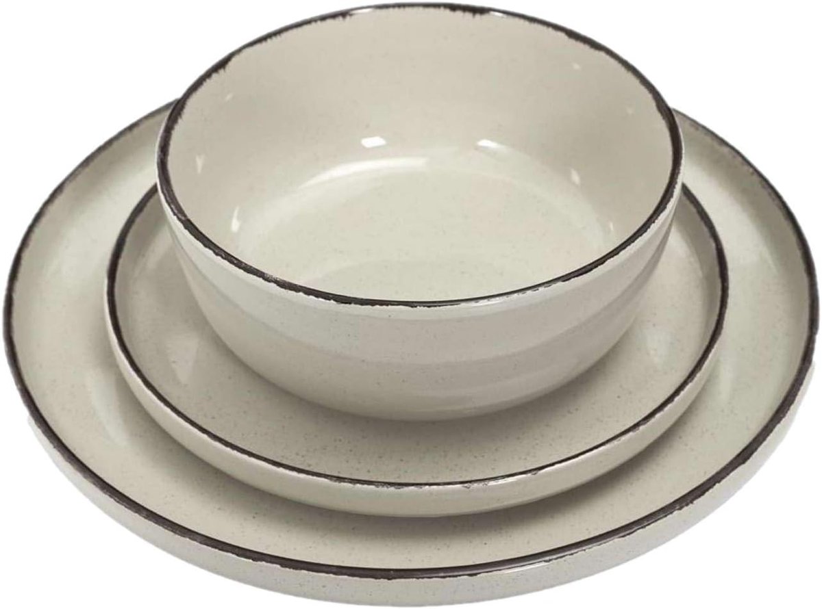 KA0444, 12 Piece Dinnerware Set in Beige Stoneware, Deep, Flat and Dessert Plates, Artisanal Design, Durable and Practical, Easy Maintenance, Size: 12Pcs, Color: Beige