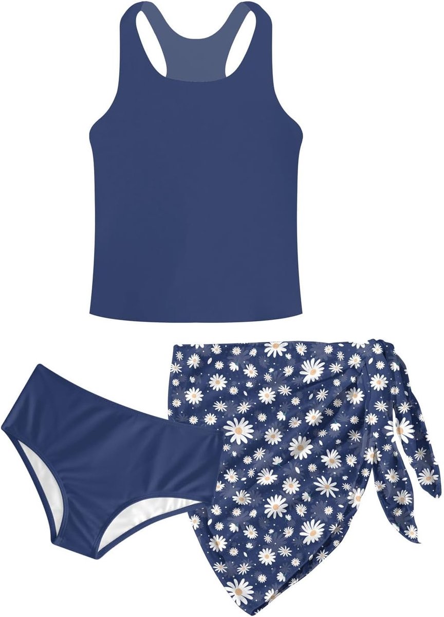 Zwemkostuum voor meisjes, 3-delig meisjesbikini, zomer, Hawaii-prints, zwempak, tankini voor kinderen, met bedekkende badpakken, vakantie, surfen, voor 8-14 jaar