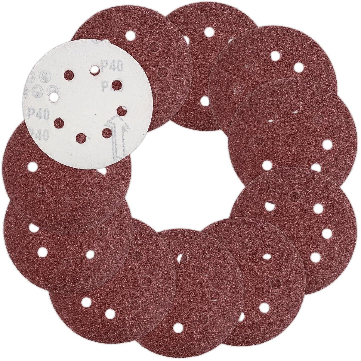 120x Schuurschijven 125 mm, 8 gaten, klittenband – P40 | 120 stuks P40; 8 gaten tegen verstopping; snel wisselen met klittenband; voor hout/metaal/kunststof; Ø125 mm.