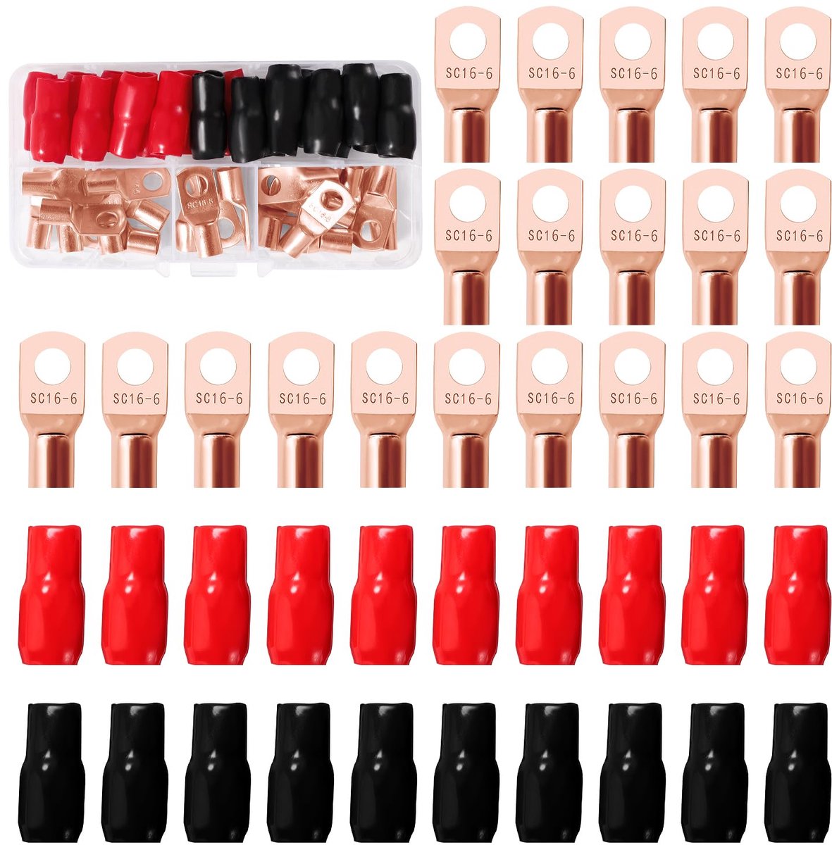 40 Stuks M6 SC16-6 AWG6 Ringklemmen Set, Buisvormige Batterijkabeluiteinden, Batterij Kabel Eind Terminals, met Isolatie Mouwen, voor Elektrische Kabel, Gouden