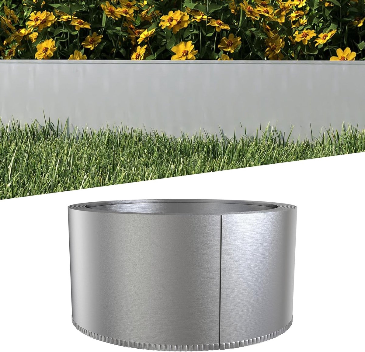 Gazonrand, metaal, 20 m hoogte 15 cm, bloembedomranding, maaikant met verbindingsclip en bodemhouder, onkruidblokkering, tuinpalissade, roestbescherming, zilver
