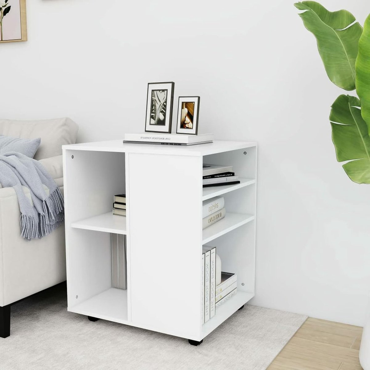 Rolkast, rolcontainer, bureau, archiefkast, printtafel met wieltjes, kantoorwagen, bijzetwagen, plank, kantoorkast, bijzettafel, kast, wit, 60 x 53 x 72 cm, houtmateriaal