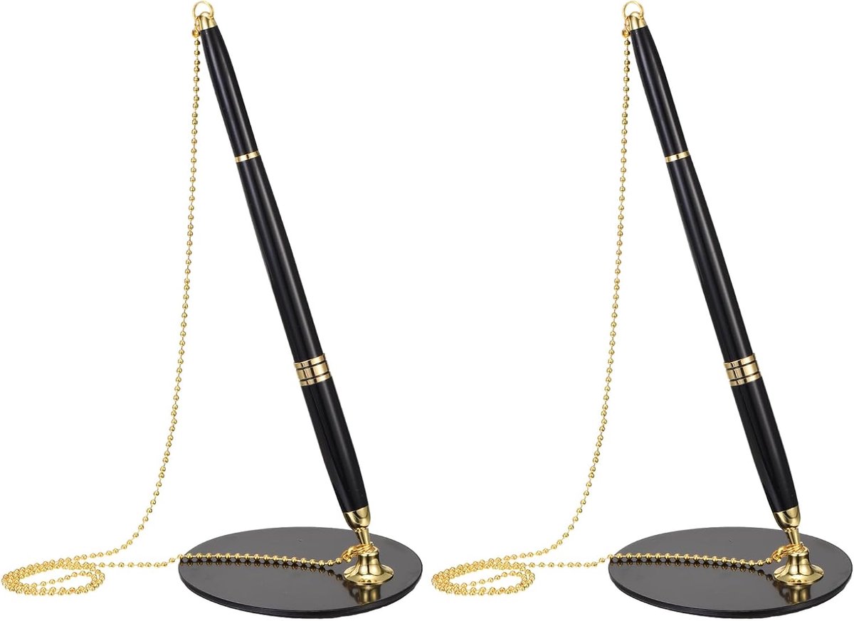 Veilige pen met ketting en zelfklevende pennenhouder, 2 stuks receptiebalie, pennenhouder met veiligheidspenhouder voor kantoor, bank, hotel, lobby, zwart goud