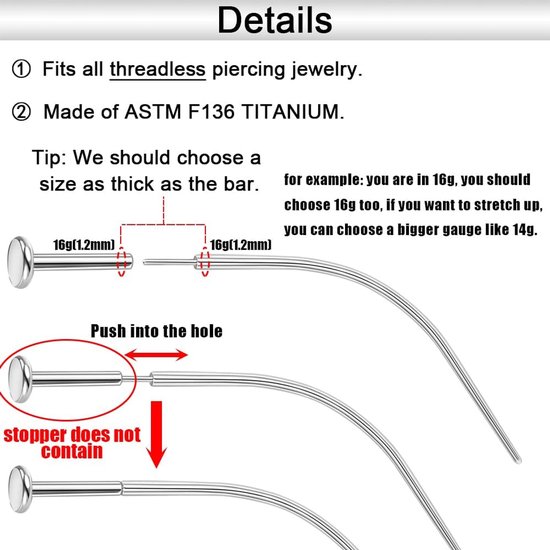 20g/18g/16g/14g Gebogen ASTM F136 Titanium Piercing Kit Taper Insertion Pin voor Threadless Tragus Helix Lip Neus Helix Piercing Sieraden Kraakbeen Oorbellen Labret Studs Neus Stud — afbeelding 4
