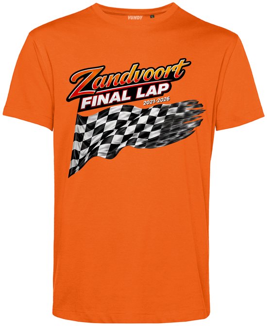 Oranje T-shirt met opdruk 'Zandvoort FINAL LAP 2021-2026' en een wapperende zwart-wit geblokte vlag.