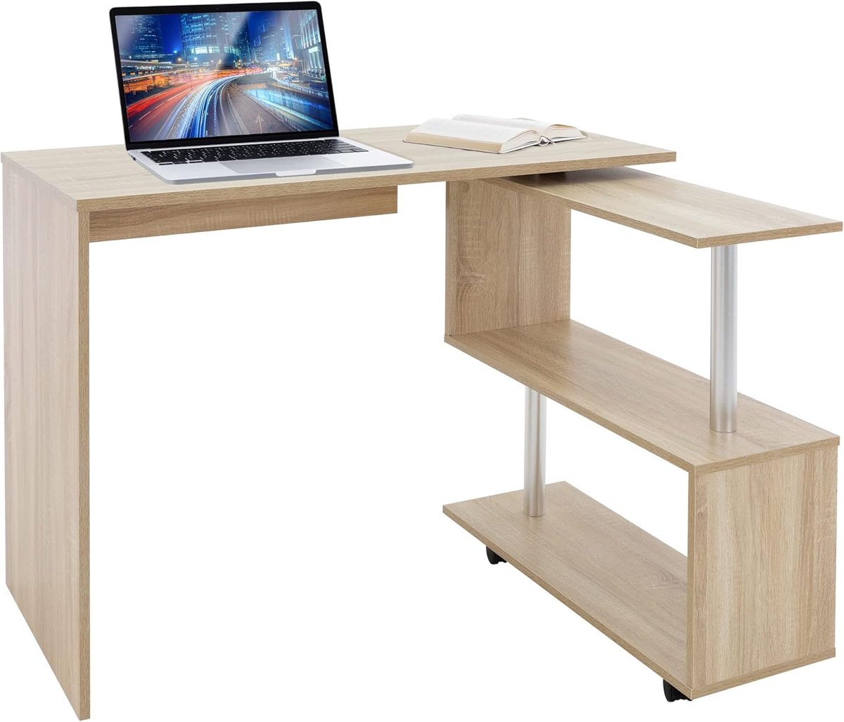 Hoekbureau draaibaar, L-vormig bureau, hoekcombinatie werkbureau bureautafel computertafel PC tafel, met 4 wielen, Sonoma eiken, 150x88x75 cm, voor thuis en kantoor