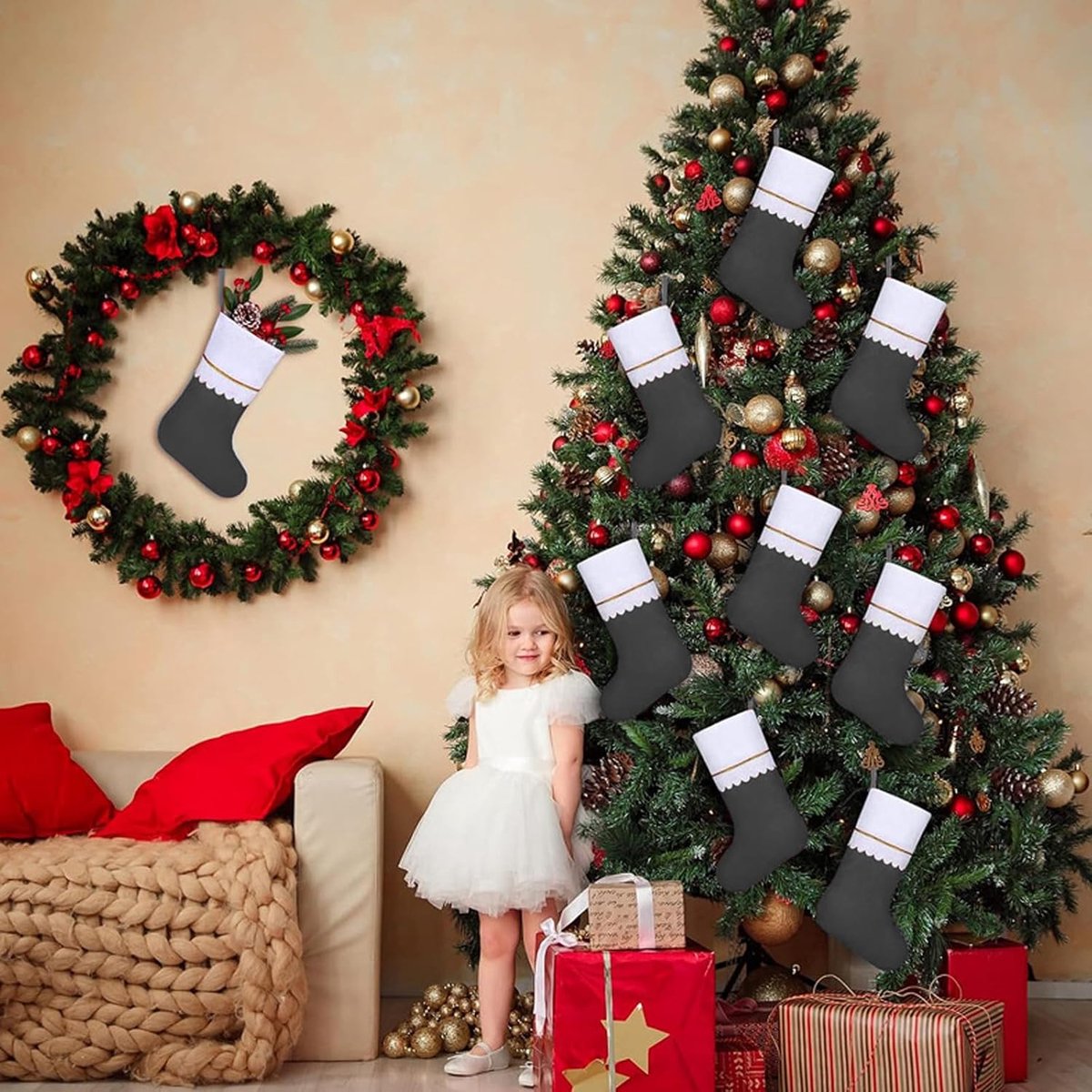 6 stuks Kerstsokken Grote Kerstsok om te Vullen Kerstsokken Zwart Kerstcadeauzakjes voor Open Haard Etalage Kerstboom