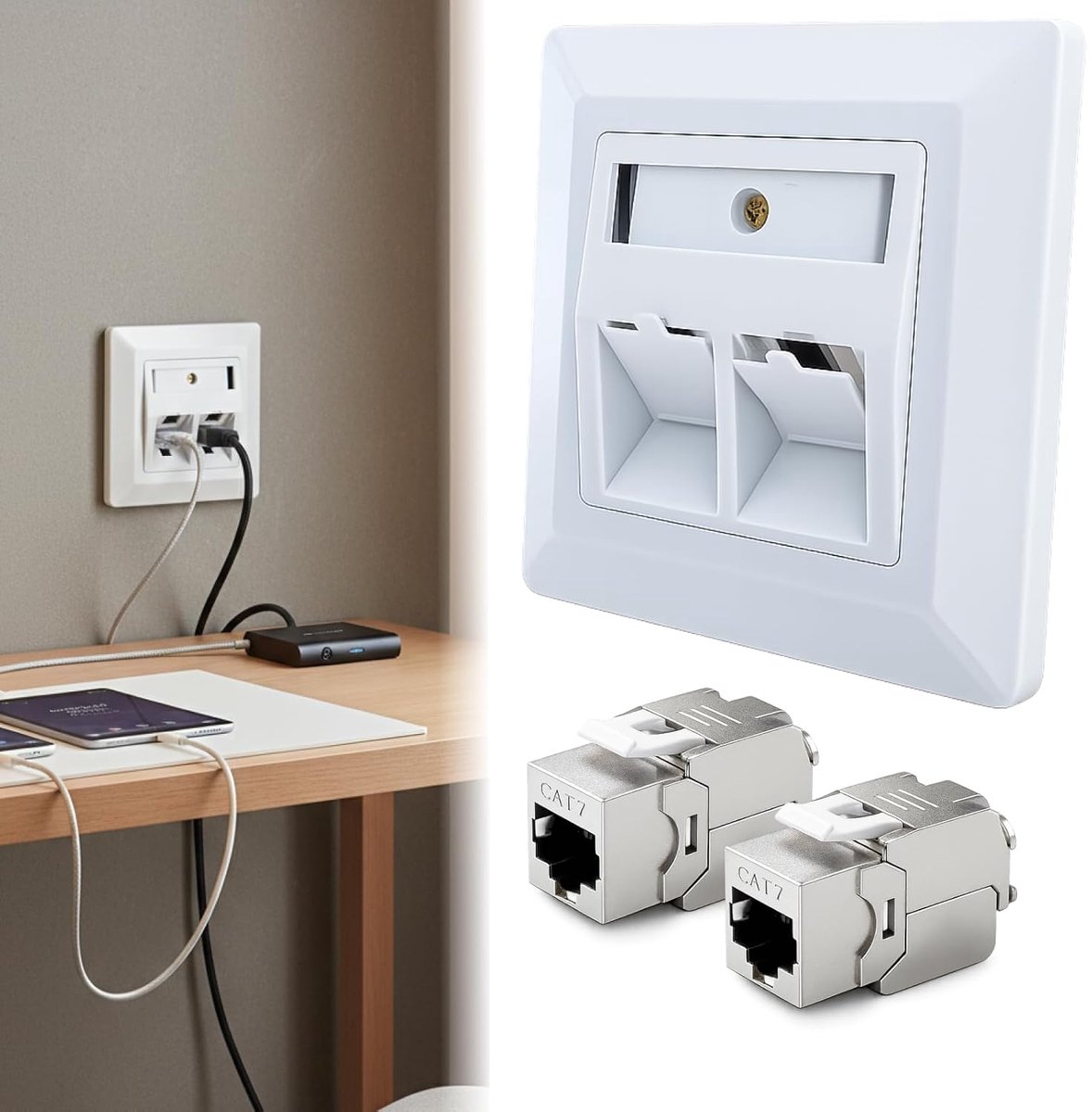 2-poorts CAT 7 netwerkdoos, inbouw met 2 x CAT 7 RJ45-module, ethernet-LAN-aansluiting, inbouwbus voor wandmontage, wit, netwerkdoos, inbouw CAT 7, netwerkdoos CAT 8