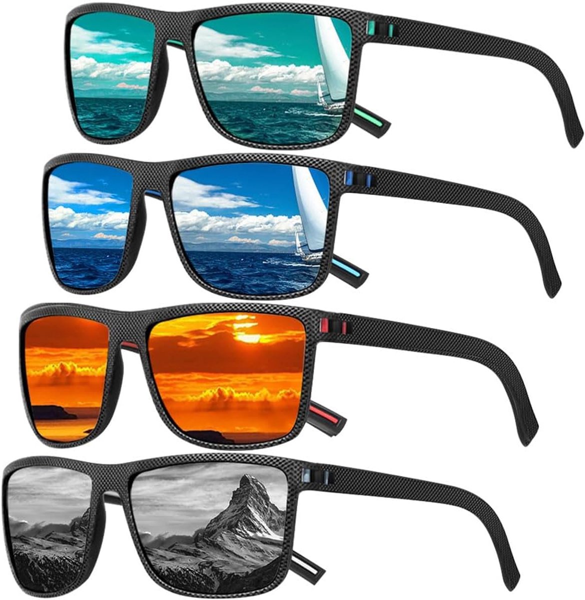 Zonnebril voor dames en heren, 4 stuks, gespiegeld, UV400 zonnebril, gepolariseerde metalen frame, golf, rijden, vissen, reisbril, outdoorsporten, inclusief spiegelpoetsdoek
