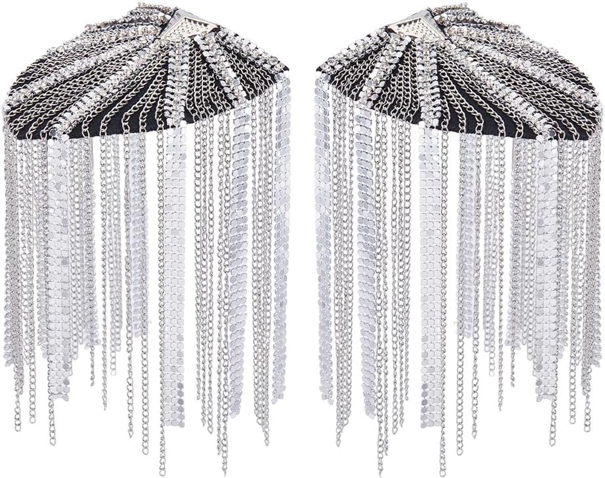 2Pcs Strass Kwastje Schouder Kristal Kralen Epaulette Punk Fring Schouder Badge Decoratie Schouder Sieraden Epauletten Voor Jas Blazer Uniform, 100mm wide, 180mm long, 14mm thick, Metaal