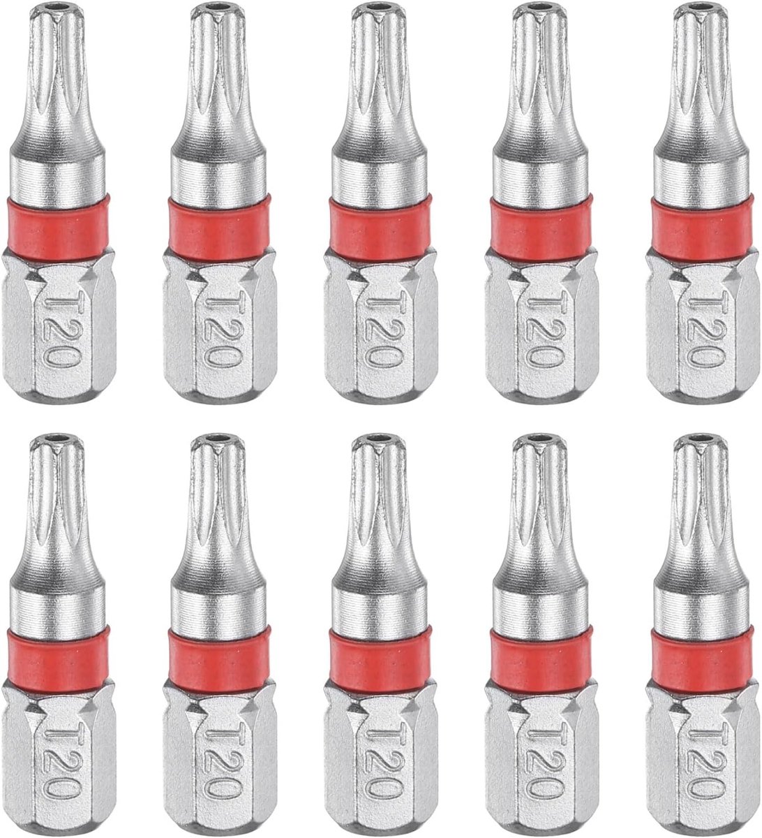 10 stuks Torx-schroevendraaierbit T20H 1/4 inch zeskantschacht 25 mm lengte magnetische ster 6-punts kop zespunts kop zeskantbits S2-staal elektrische schroevendraaierbit met gat torx-kop