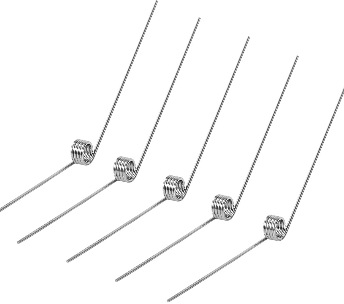 10 stuks draaiveren van roestvrij staal, draaddiameter 0,4 mm, binnendiameter 2 mm, armlengte 20 mm, hoek 135°, 4 omwentelingen rechts, 0,4 x 2 x 20 mm