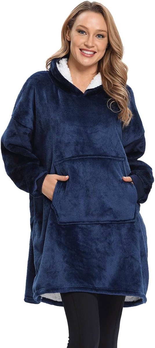 Hoodie deken dames oversized sweatshirt deken unisex Sherpa hooded deken draagbare cuddly deken met mouwen en pocket voor volwassenen en jongeren, blauw, One size