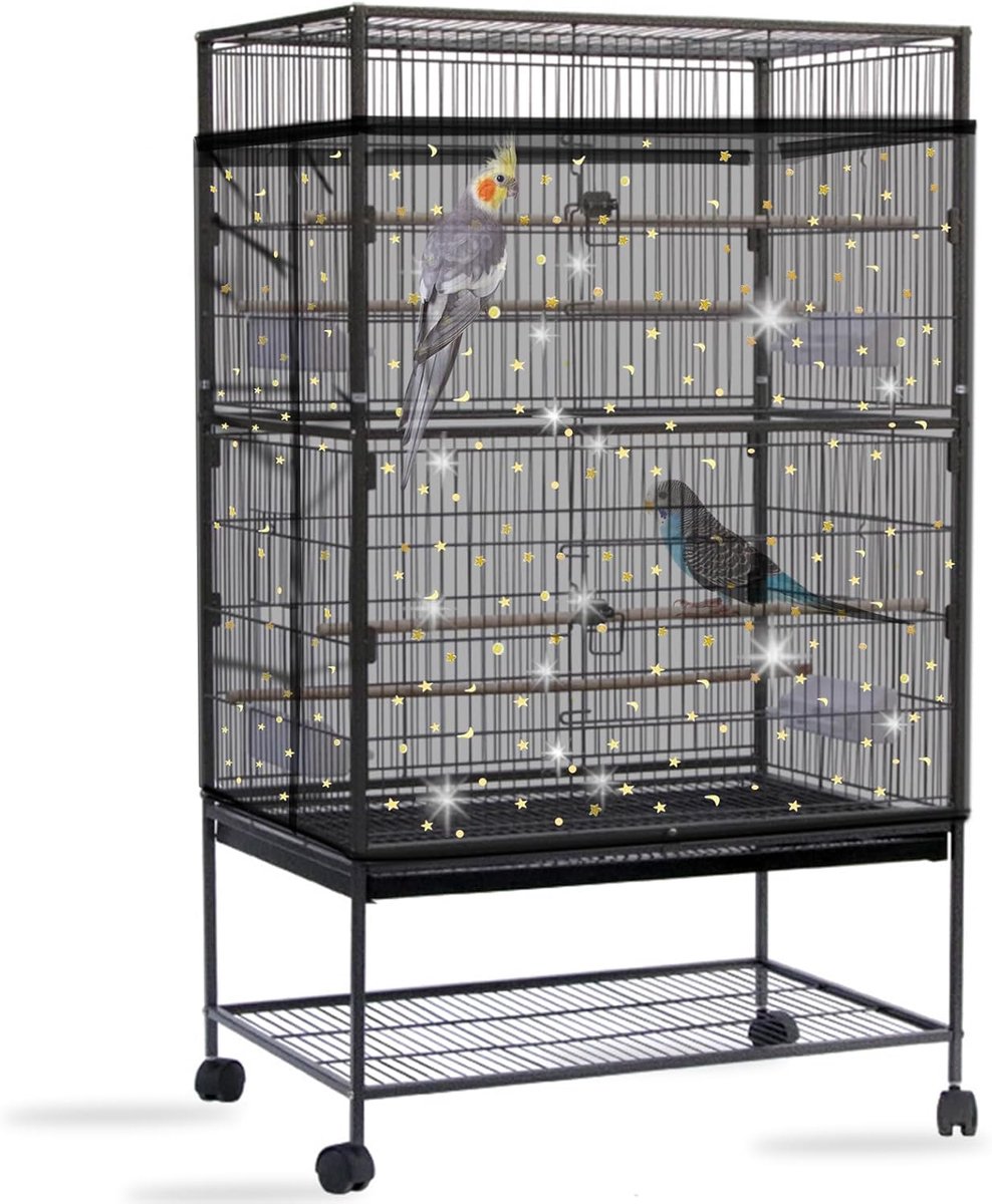 Afdekking voor vogelkooi, net voor vogelkooi, extra groot, zacht, luchtig, vogelkooi, zaadvanger, verstelbaar papegaaien, trekkoord, net voor ronde vierkante kooien (zwart,
