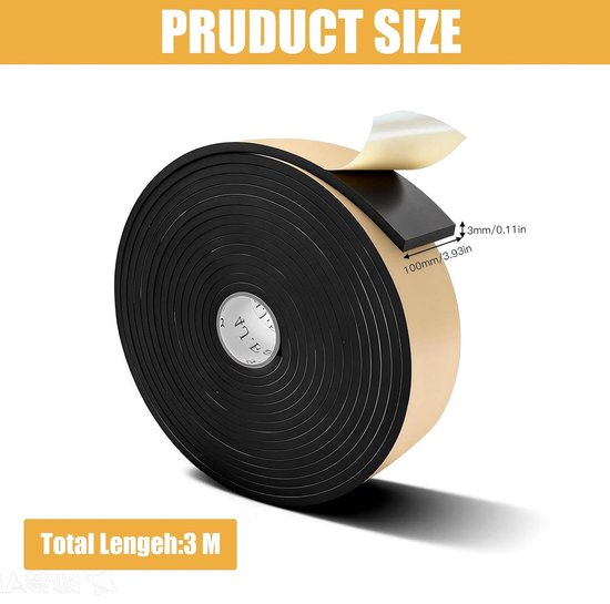 Zelfklevend, voor deuren en ramen, van schuimrubber, anti-trilling, botsing, geluidsisolatie, stootvaste isolatie voor ramen, deuren, auto, meubelbescherming (zwart, 3 m (L) x 100 mm — afbeelding 3