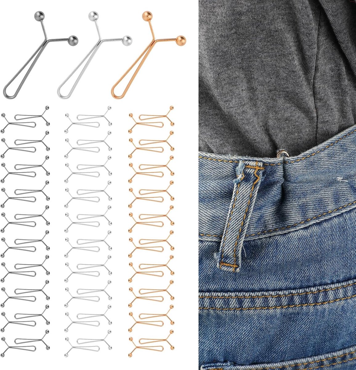 60 Stuks Metalen Broekbandversteviger, Herbruikbaar Verstelbaar Taillebandclip Zonder Naaien Broekclips voor Losse Jeans Rokken en Kleding