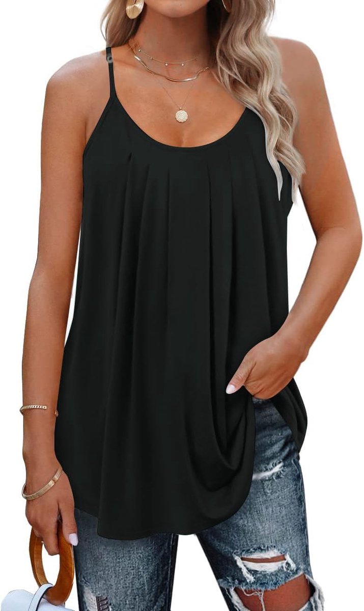 Tanktop voor dames, spaghettibandjes, mouwloos, zomertop, dames, geplooid, ronde hals, blouse, S-2XL, 34-52