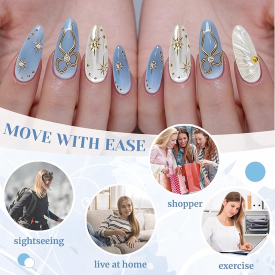 On Nails, Pers op Nagels Kort Amandel, 3D Fake Nagels Oceaanblauw met Gouden Strik, Ster, Parel en Golvende-Design, Glitter Acryl Nagels om op te Plakken, Kunstnagels voor Vrouwen, — afbeelding 4