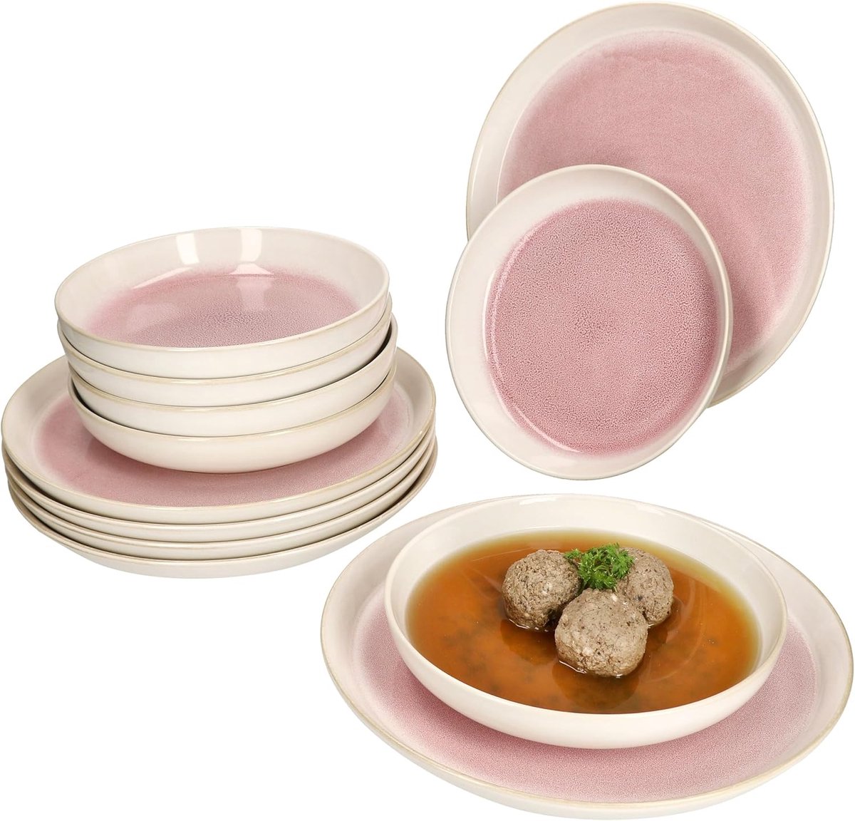 Reactive Glaze Paris 12-delig tafelservies, crème en roze, aardewerk servies voor 6 personen, 6 x diepe soepborden 400 ml en 6 x platte platte borden