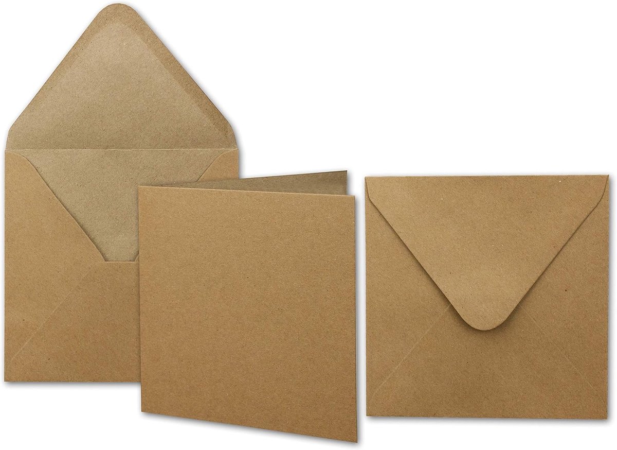 Set van 25 kraftpapieren kaarten, vierkant, 13,5 x 13,5 cm, met enveloppen, recycling, vintage kaartenset, voor uitnodigingen