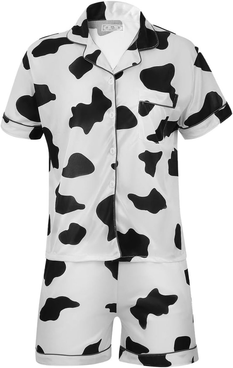 Womens Pyjama Set Tweedelige Pjs Korte Mouw Nachtkleding Loungewear Button Down Tops En Shorts met Koeienprint