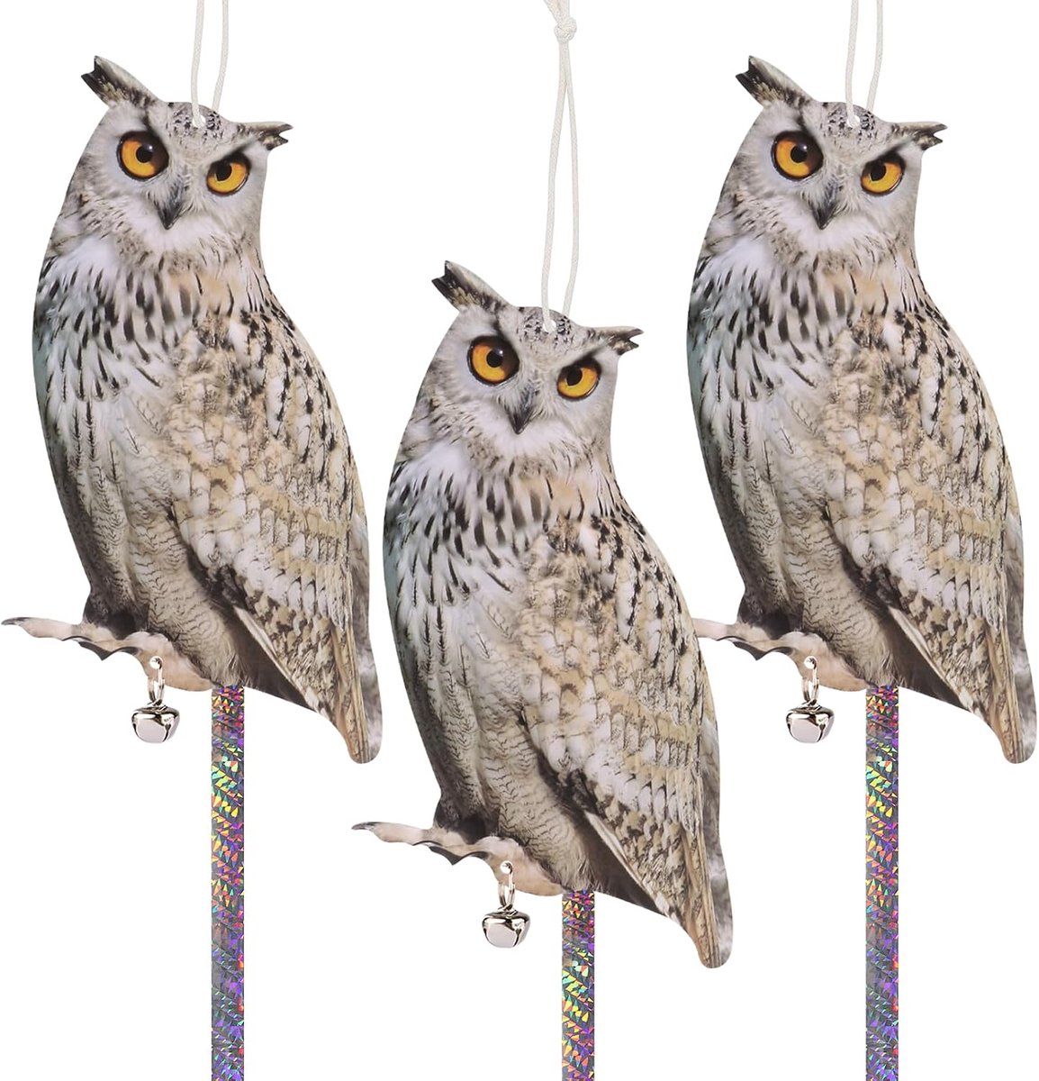3 stuks duivenafweer, balkon, vogelverschrikker, plat karton, kustelijke uil, vogeldummy met reflectorband, hangende vogelverschrikker tuin, vogelverschrikker, balkon, vogelafschrikking, duiven