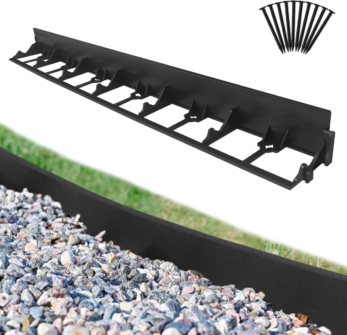 12 m gazonrand met 50 grondankers, perkrand, buigbare kunststof bestratingsrand, perkrand, 5,8 cm hoge maairand, tuinpalissade voor tuin, gazon, decoratief, zwart (12 stuks/12 m)