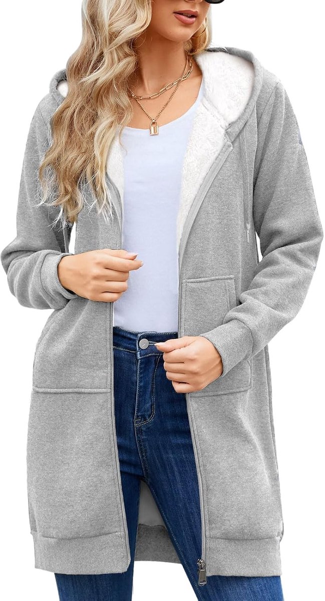 Dames hoodie sweatshirt lange mouwen pullover lange jas tops outwear voor herfst en winter Classics casual rits fleece extra lang 2 zakken