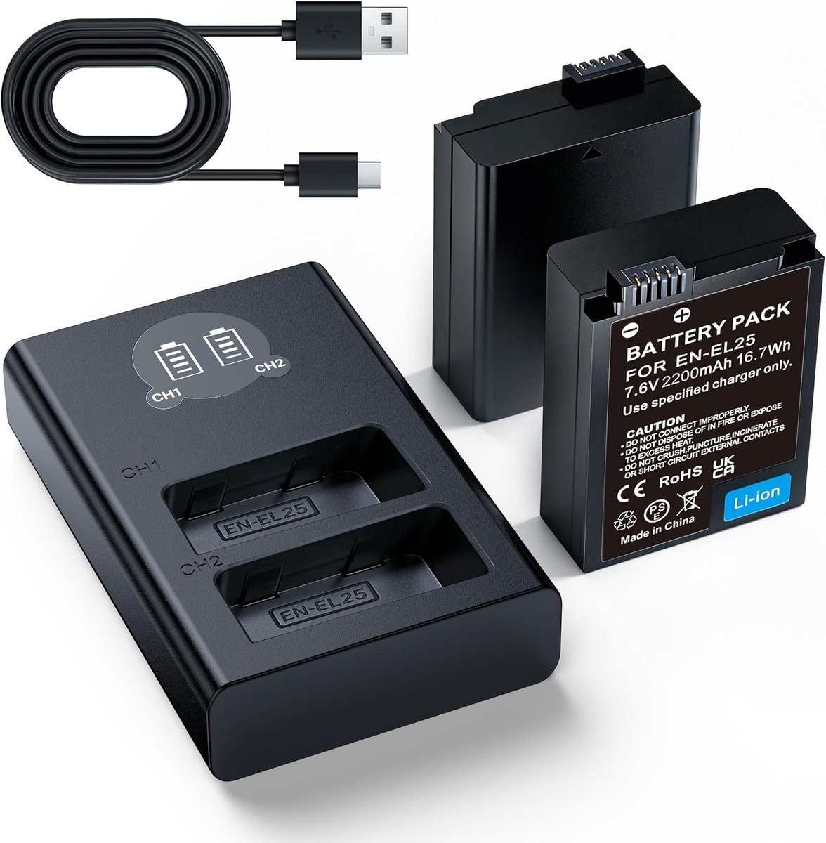 2 Pack EN-EL25 Vervangende Batterij 2200 mAh - LCD Dual Slot Oplader - Verbeterde Capaciteit - ShopVlot