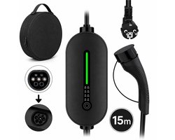 Mobiele Thuislader Type 2 vanaf stopcontact – 15 meter – 3,7 kW 16A – IP66 Waterdicht – Instelbare laadstroom – Schuko – Zwart – Inclusief tas