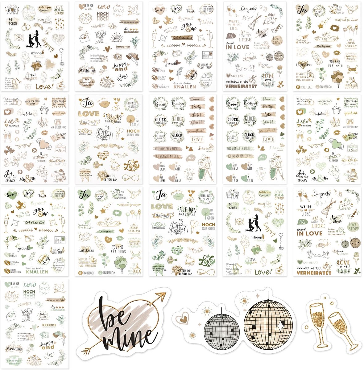 Stickers bruiloft gastenboek 460 stuks - groen-goud vintage look - voor decoratie van fotoalbums en kaarten - ShopVlot