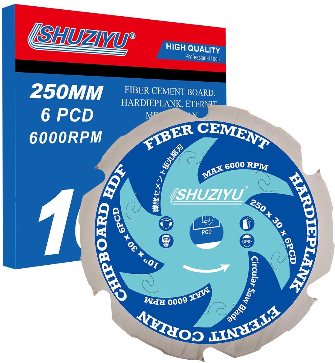 Cirkelzaagblad 250mm - 6 polycrystalline diamonds - Arbor 30mm - Voor snijden van vezelcement - ShopVlot