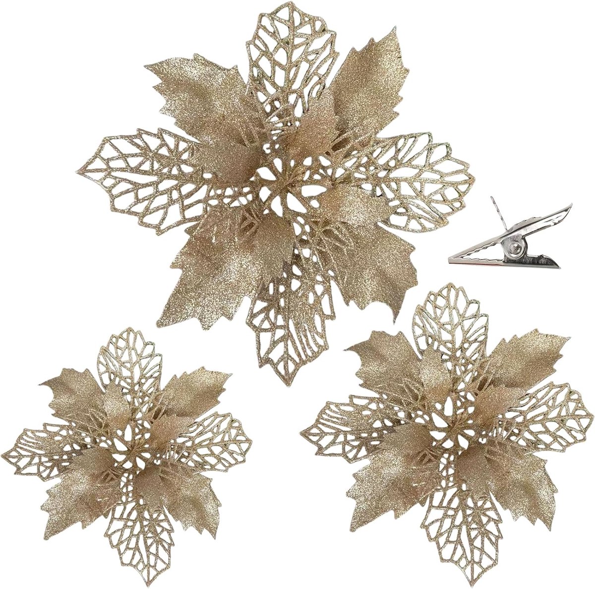 Kerstbloemenset 24 stuks - glitter fluwelen bloemen - diverse maten - sprankelend decor voor kerstbomen - ShopVlot