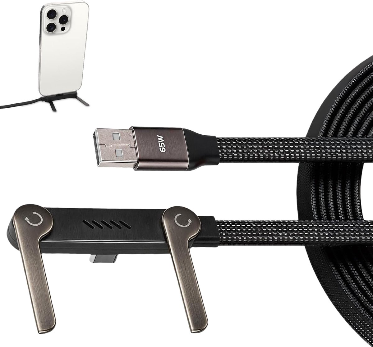 USB A naar USB C kabel 65 W snel opladen - gevlochten 1,5 m - onzichtbare zijhouder - ideaal voor smartphone en tablet - ShopVlot