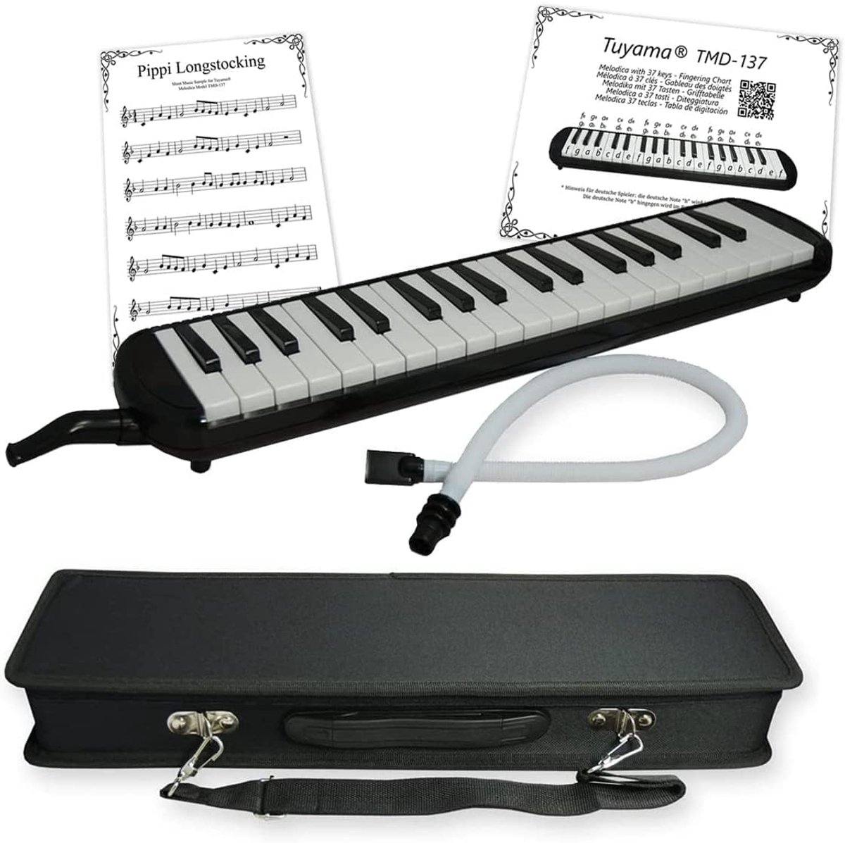 Melodica 37 toetsen - met mondstuk, slang, koffer en bladmuziek - speel met één of twee handen - ShopVlot