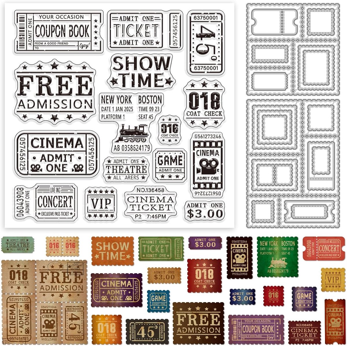 Vintage postzegels tickets duidelijke stempels en stansvormen set voor het maken van kaarten stempelframe siliconen transparante stempel bioscoopticket ansichtkaart stansvormen voor