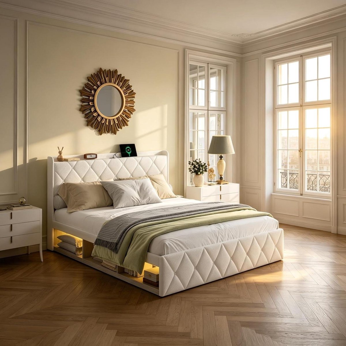 Gestoffeerd Bed - Boxspring met Opbergruimte - Moderne Slaapkamer - Geïntegreerde USB-C Oplader - 140x200 cm - Teddy Fleece