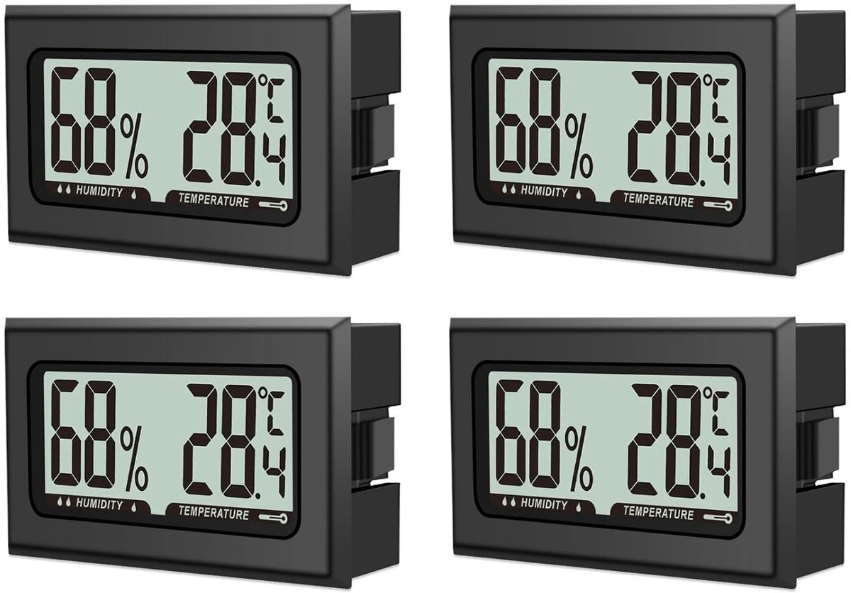 4 stuks luchtvochtigheidsmeter, thermometer, mini-digitale hygrometer met LCD, temperatuurkamerthermometer voor binnen, kantoor, woonkamer en wijnkelder (batterijen inbegrepen) (4)